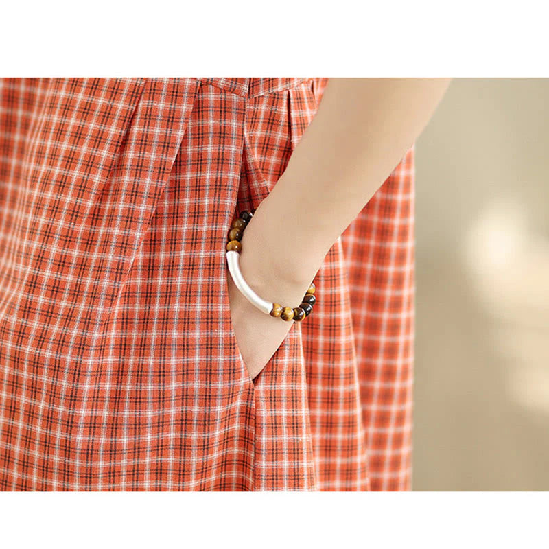 Buddha Stones Retro Solid Color Plaid Pattern Crew Neck Short Sleeve Cotton Linen Midi Dress With Pockets