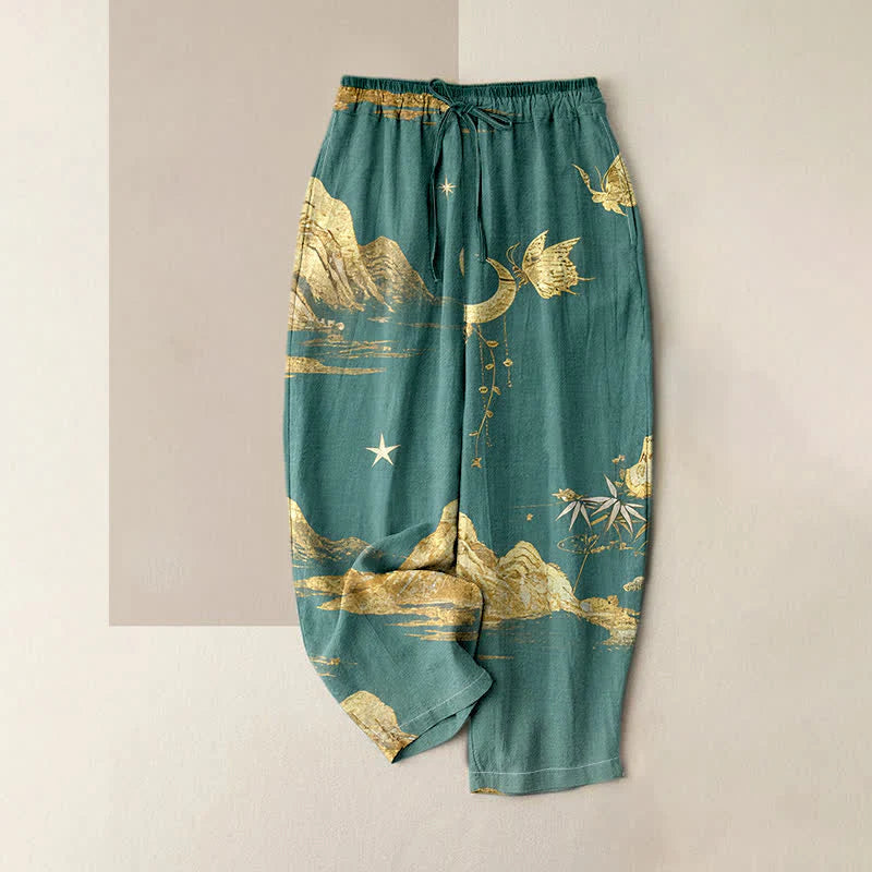 Buddha Stones Cotton Mountain Moon Butterfly Pattern Elastic Waist Women's Pants With Pockets
