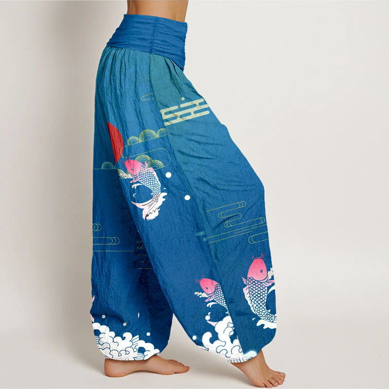 Buddha Stones Koi Fish Red Sun Waves Clouds Pattern Women's Elastic Waist Harem Pure Cotton Pants