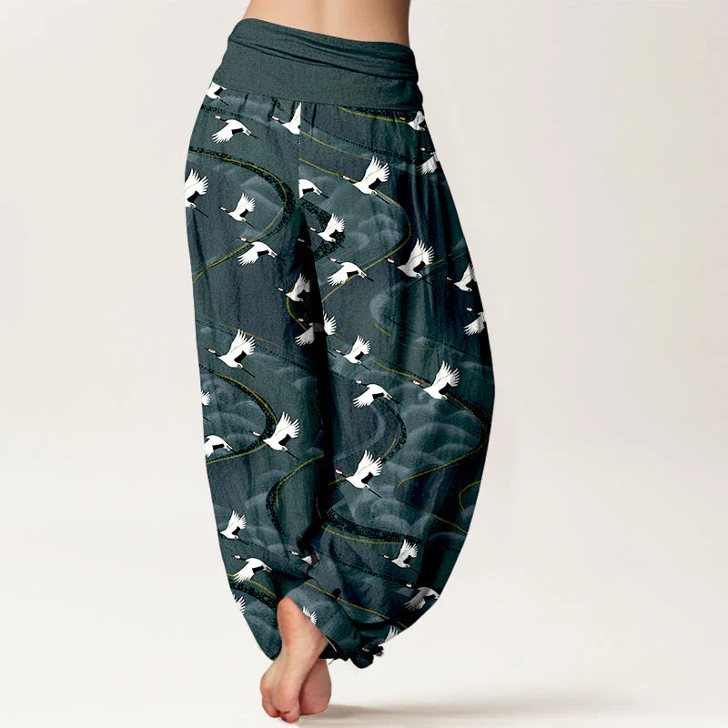 Buddha Stones Cotton Elegant Cranes Winding Lines Pattern Women's Elastic Waist Harem Pants