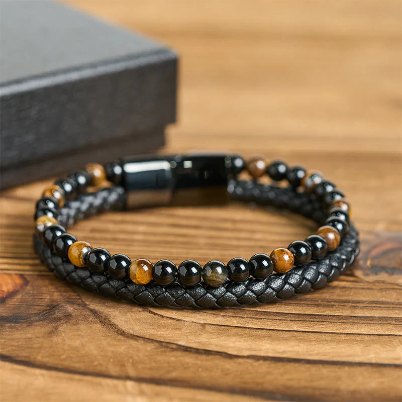 Buddha Stones Black Onyx Tiger Eye Titanium Steel Leather Protection Bracelet