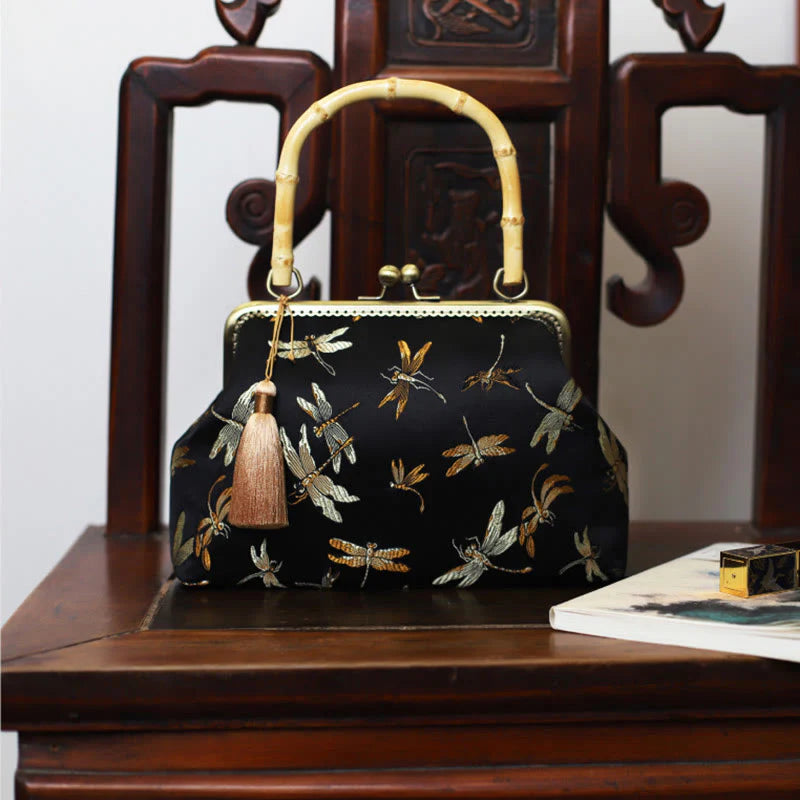 Buddha Stones Dragonfly Crane Bamboo Leaves Plum Blossom Bamboo Handles Handbag (Extra 30% Off | USE CODE: FS30)