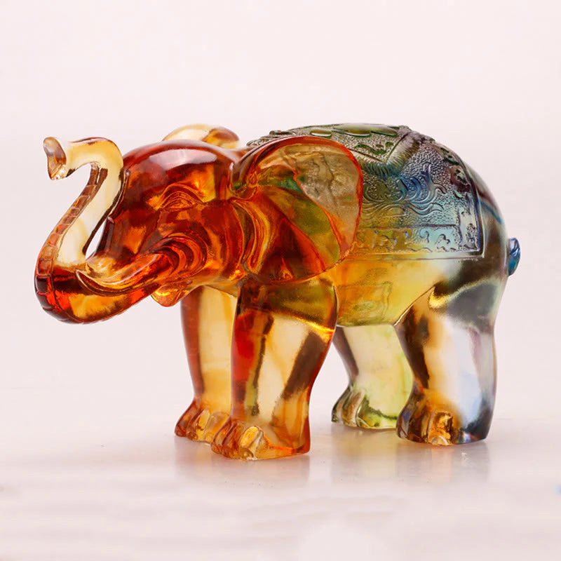 Buddha Stones Handmade Liuli Crystal Elephant Art Piece Wisdom Wealth Home Decoration