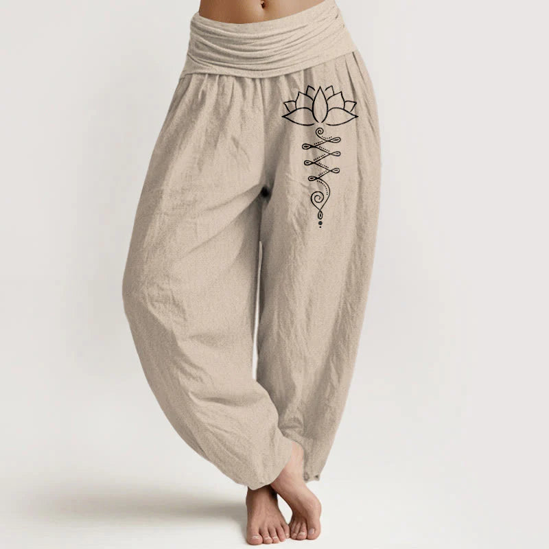 Buddha Stones Unalome Symbol Lotus Flower Pattern Women's Elastic Waist Harem Cotton Pants