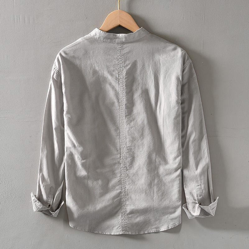 Buddha Stones Solid Color Long Sleeve Half Button Shirt Cotton Linen Men Clothing