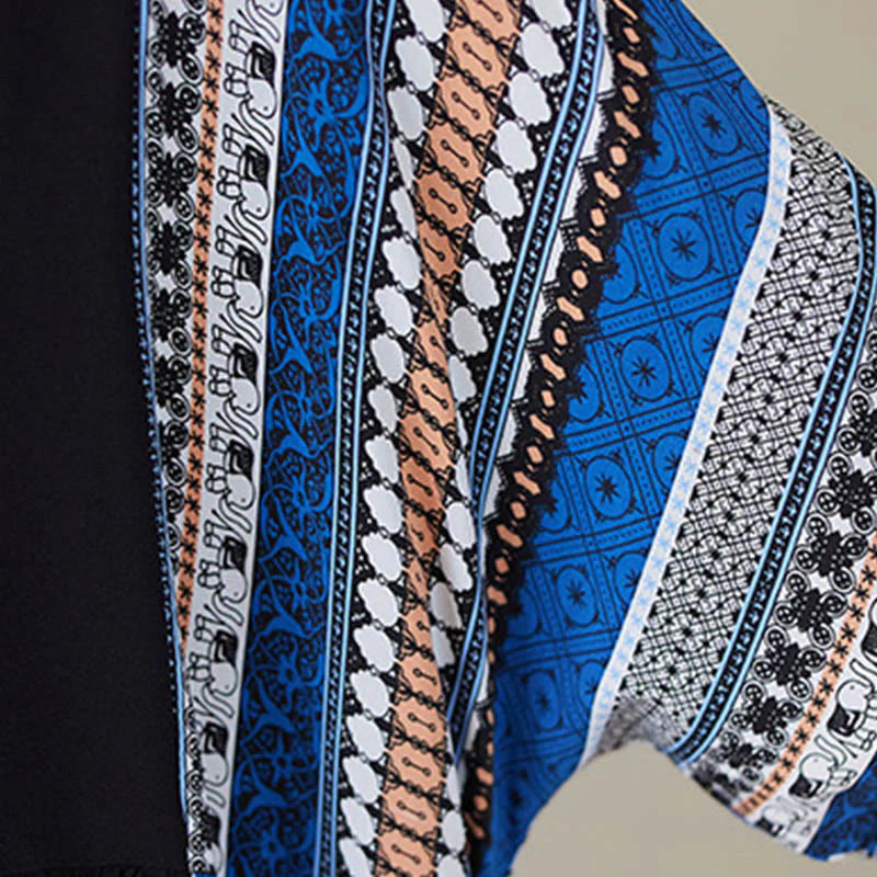 Buddha Stones Black Blue Stripes Short Sleeve Midi Dress With Pockets