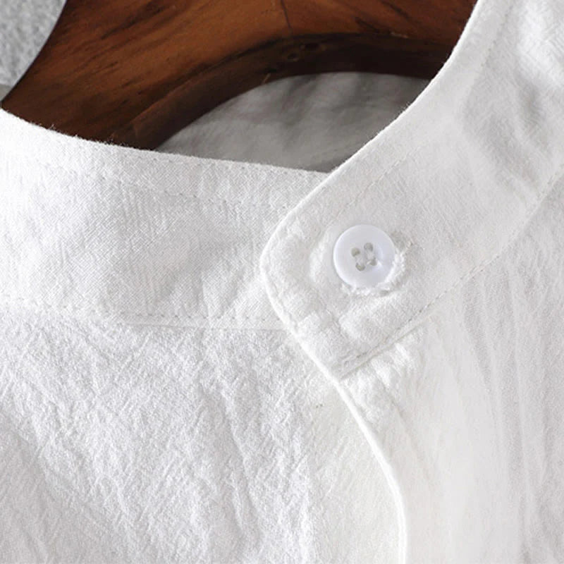 Buddha Stones Summer Solid Men's Buttons Half Sleeve Cotton Linen Shirt