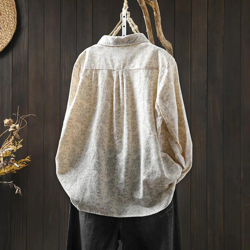 Buddha Stones Fall Floral Print Design Buttons Women's Cotton Long Sleeve Shirt