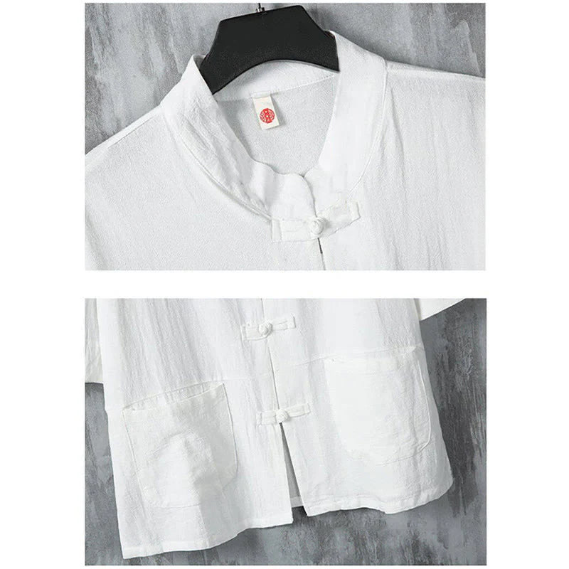 Buddha Stones Solid Color Tang Suit Frog-Button Design Men's Half Sleeve Linen Shirt With Pockets