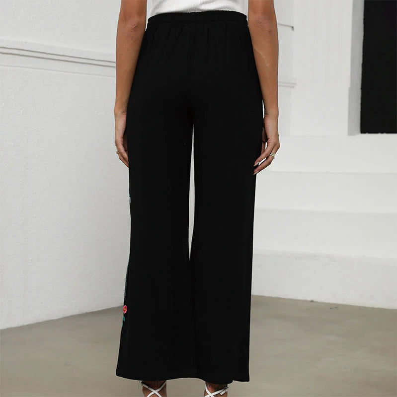 Buddha Stones Black Summer Plain Ethnic Embroidery Cotton Linen Drawstring Women's Pants With Pockets