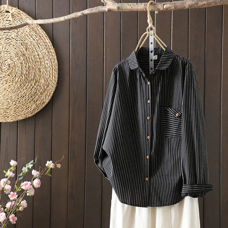 Buddha Stones Fall Stripe Stand Collar Buttons Women's Long Sleeve Shirt With Pocket