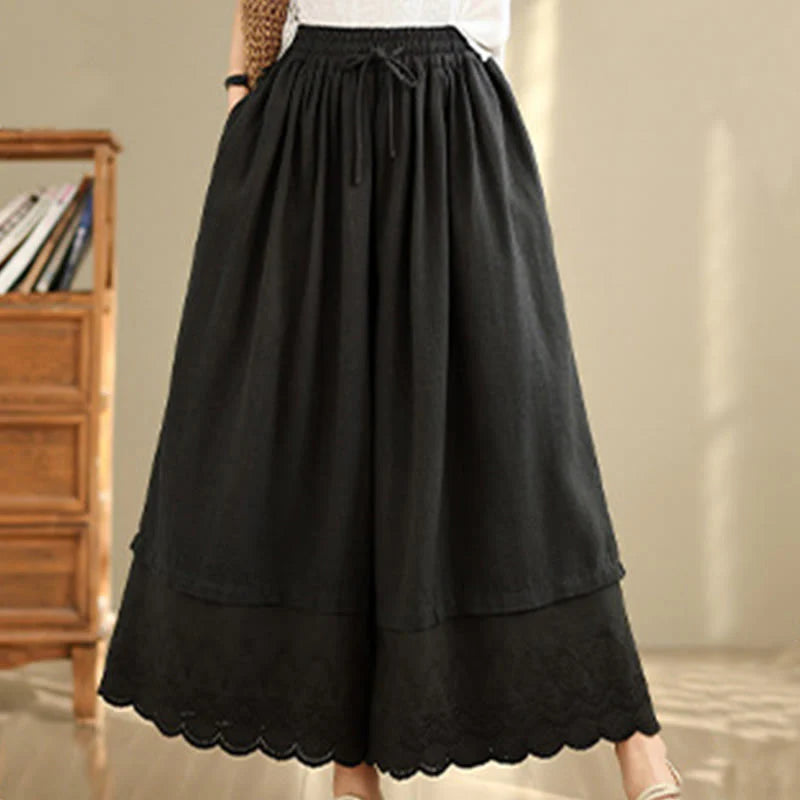 Buddha Stones Spring Embroidery Lace Hem Patchwork Drawstring Design Women's Wide Leg Cotton Pants With Pockets