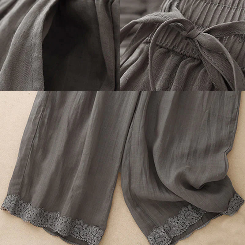 Buddha Stones Causal Vintage Plain Drawstring Lace Patchwork Design Women's Wide Leg Cotton Elastic Waistband Pants With Pockets