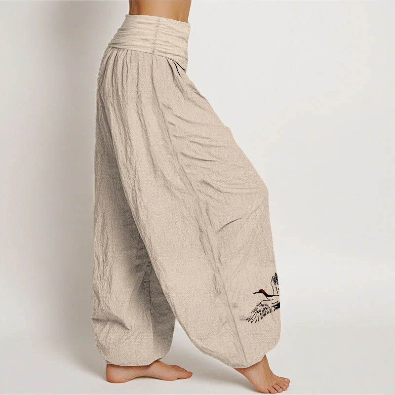 Buddha Stones Flying Red-crowned Cranes Pattern Women's Elastic Waist Harem Cotton Pants