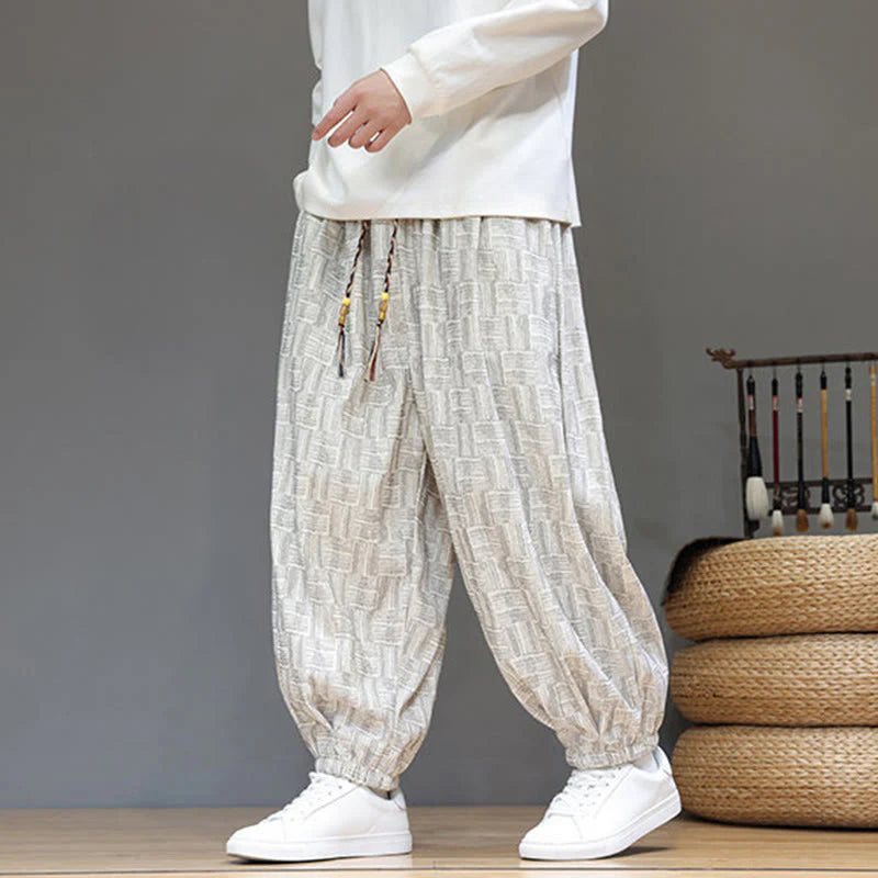 Buddha Stones Fall Jacquard Plaid Pattern Cotton Corduroy Men's Harem Pants With Pockets