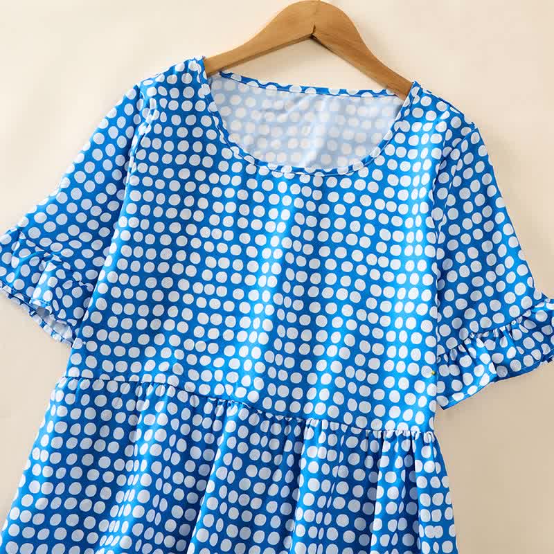Buddha Stones Summer Elegant Polka Dot A Line Ruffle Hem Short Sleeve Knee Length Dress