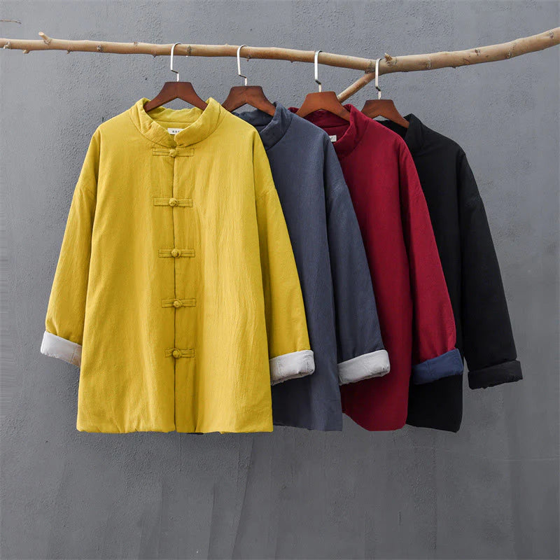Buddha Stones Winter Solid Frog-Button Long Sleeve Cotton Women's Thermal Jacket With Pockets