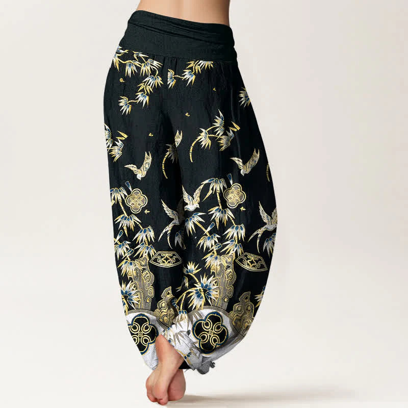 Buddha Stones Bird Bamboo Pattern Cotton Women's Harem High Elastic Waist Pants