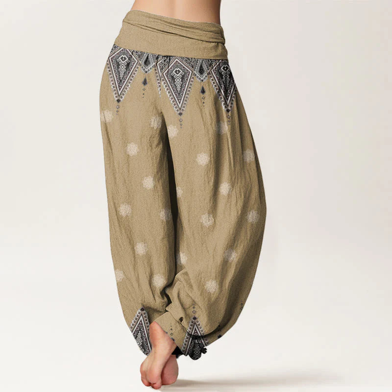 Buddha Stones Cotton Bohemian Geometric Floral Design Women's Elastic Waist Harem Pants