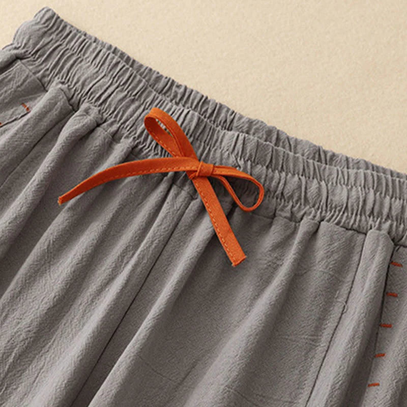 Buddha Stones Casual Simple Design Drawstring Split Cotton Linen Women's Wide Leg Pants With Pockets