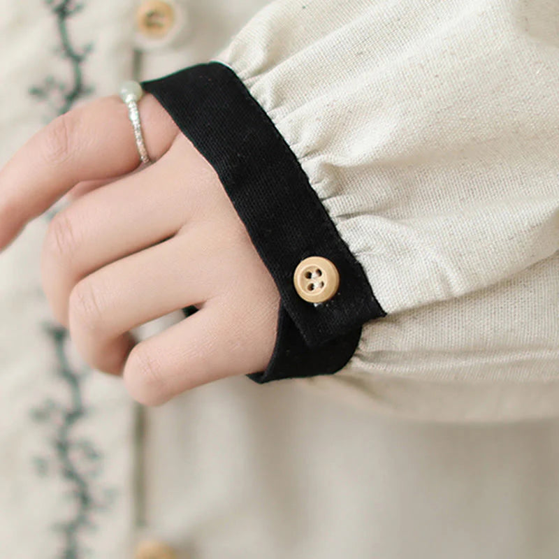 Buddha Stones Spring Embroidery Buttons Design Women's Cotton Peter Pan Collar Long Sleeve Shirt