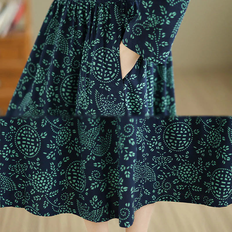 Buddha Stones Printed Floral Long Sleeve Stand Collar Cotton Maxi Dress With Pockets