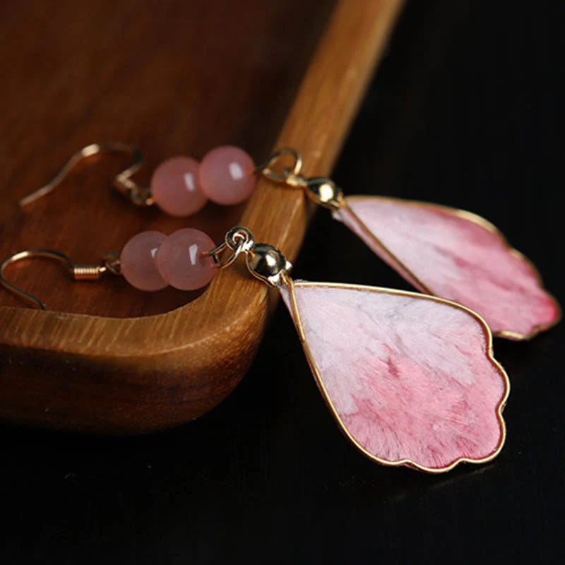 Buddha Stones Silk Art Handmade Pink Velvet Good Fortune Protection Drop Hook Earrings