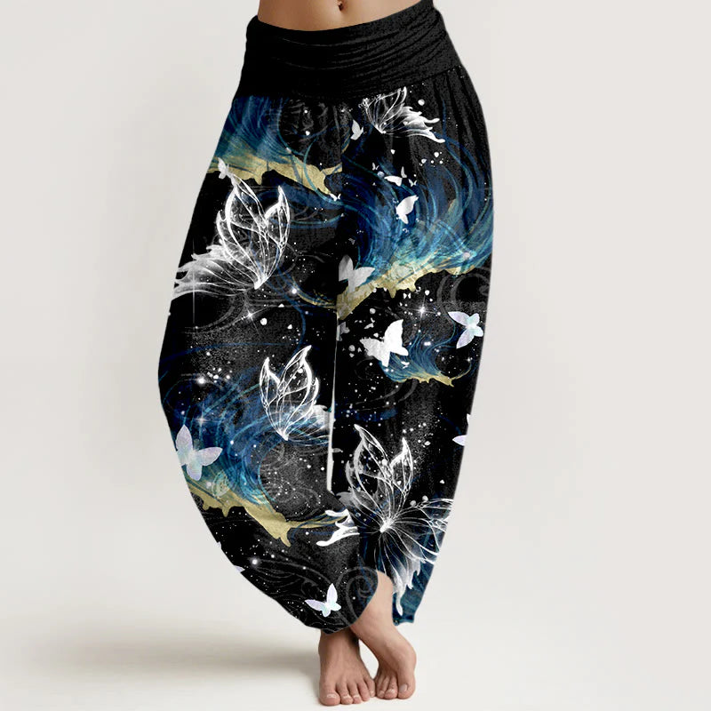 Buddha Stones Pure Cotton Dreamlike Butterfly Line Pattern Women's Elastic Waist Harem Pants