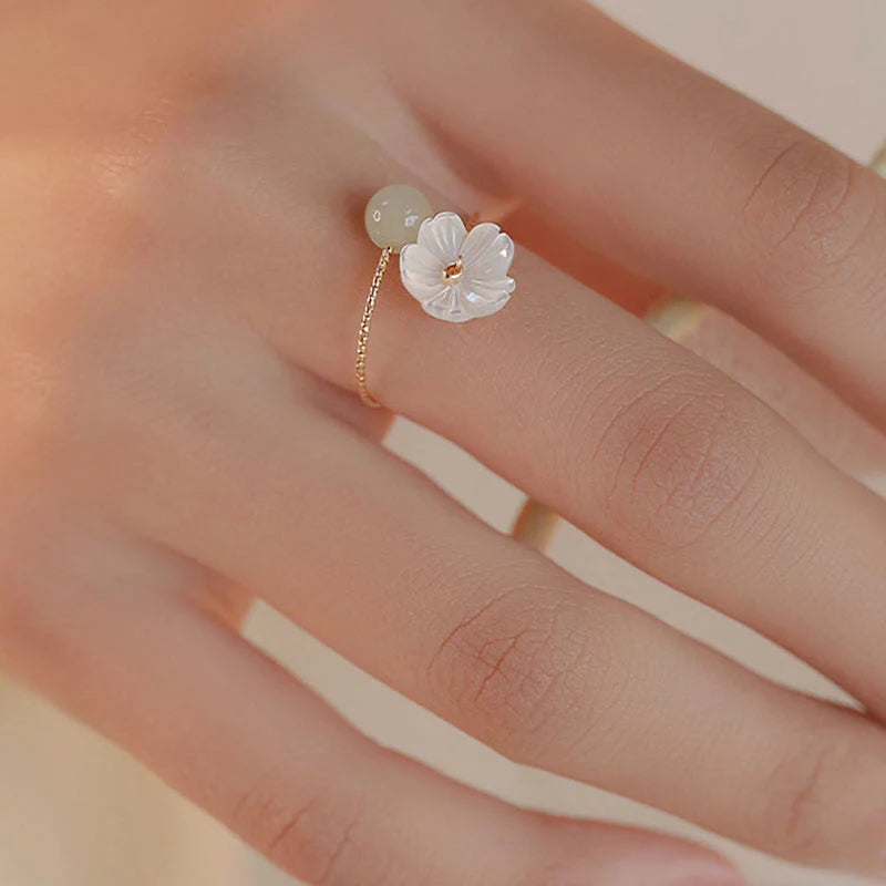Buddha Stones 14k Gold Plated Round Hetian Jade Tridacna Stone Peach Blossom Flower Butterfly Prosperity Adjustable Ring (Extra 35% Off | USE CODE: FS35)