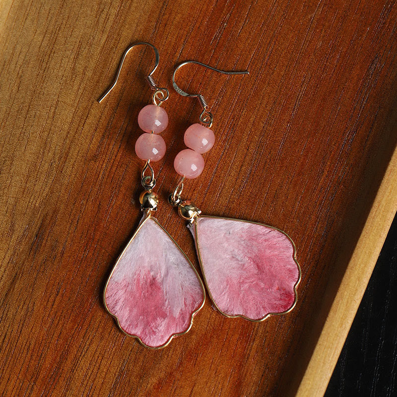 Buddha Stones Silk Art Handmade Pink Velvet Good Fortune Protection Drop Hook Earrings