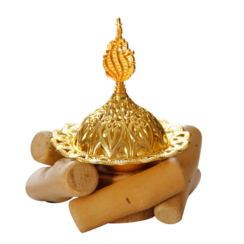 Buddha Stones Gold Alloy Healing Mini Incense Burner With Wooden Coaster Home Decor