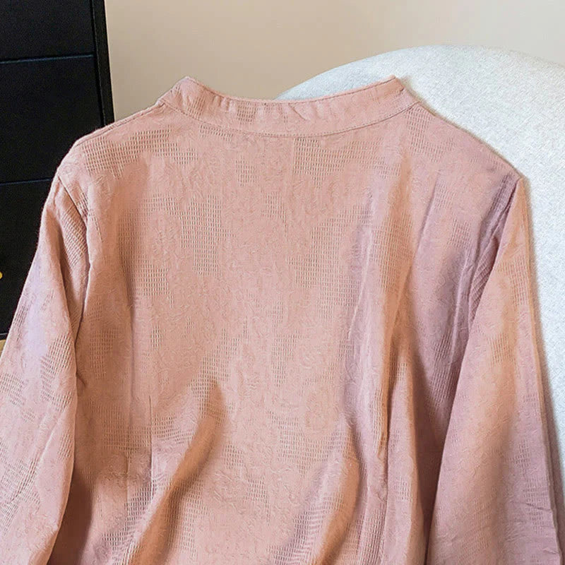 Buddha Stones Commute Jacquard Chinese Frog-Button Mandarin Collar Long Sleeve Women's Cotton Shirt