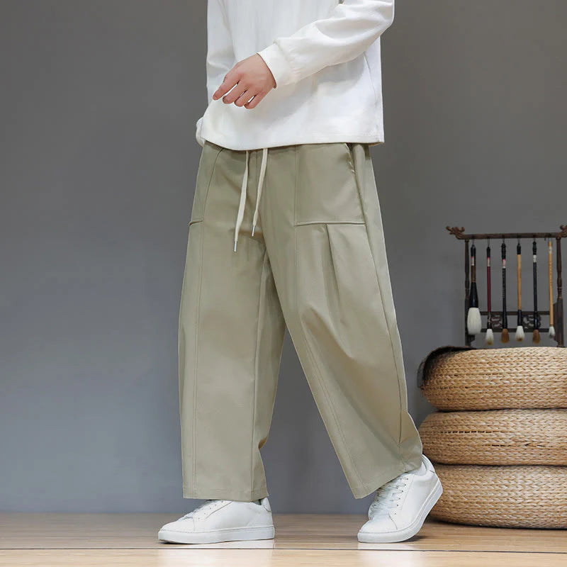Buddha Stones Fall Pure Color Cotton Men's Cropped Harem Pants With Pockets