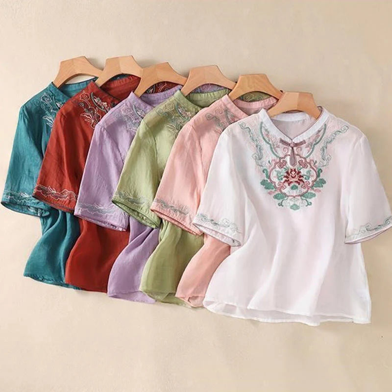 Buddha Stones Casual Retro Embroidery Frog-Button Design Women's Cotton Linen Half Sleeve Shirt