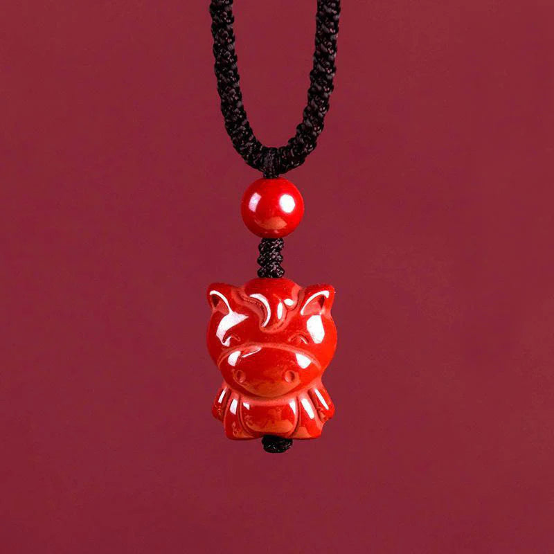 Buddha Stones Year Of The Horse Chinese Zodiac Engraved Design Cinnabar Blessing Rope Necklace Pendants