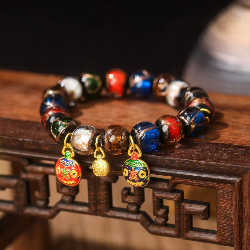 Buddha Stones Five Elements Gold Swallowing Beast Family Charm Liuli Glass Bead Luck Bracelet