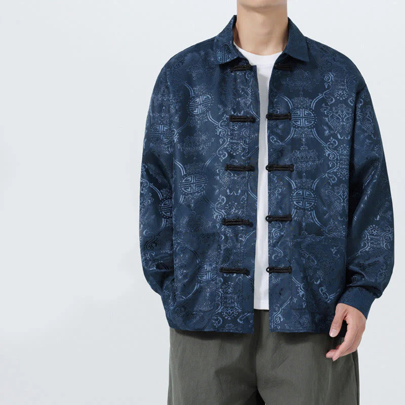 Buddha Stones Spring Jacquard Lapel Long Sleeve Men's Tang Suit Frog-Button Jacket With Pockets