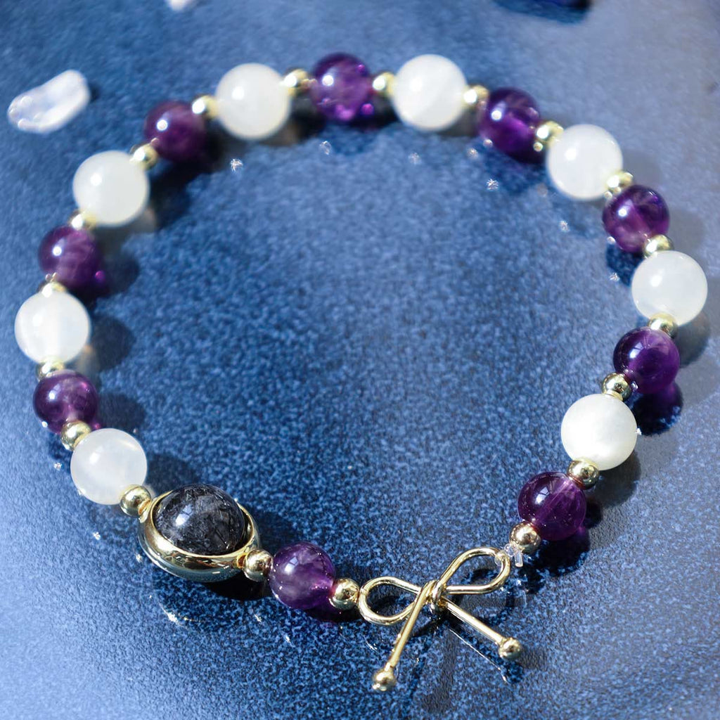 Buddha Stones Amethyst Cat Eye Black Rutilated Quartz Spiritual Bead Bracelet