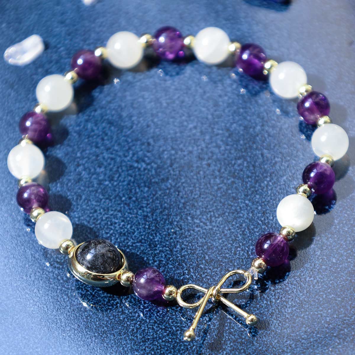 Buddha Stones Amethyst Cat Eye Black Rutilated Quartz Spiritual Bead Bracelet