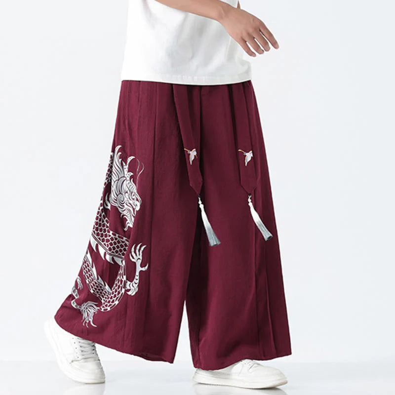 Buddha Stones Summer Dragon Drawstring Design Cotton Ankle-Length Men's Wide Leg Pants With Pockets