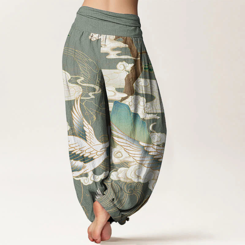 Buddha Stones Pure Cotton Flying Cranes Auspicious Clouds TreeÂ women's Elastic Waist Harem Pants