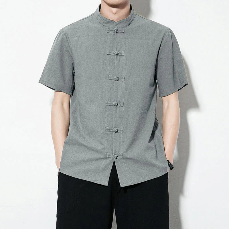 Buddha Stones Casual Solid Color Front Frog Buttons Chinese Tang Suit Short Sleeve Linen Men's Shirt