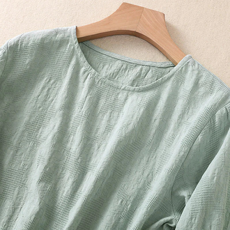 Buddha Stones Jacquard Irregular Hem Pleated Design Women's Cotton Long Sleeve Shirt