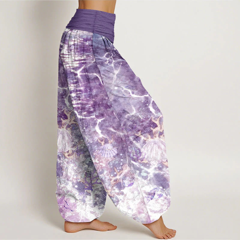 Buddha Stones Cotton Lively Ocean Seashells Coral Pattern Women's Elastic Waist Harem Pants