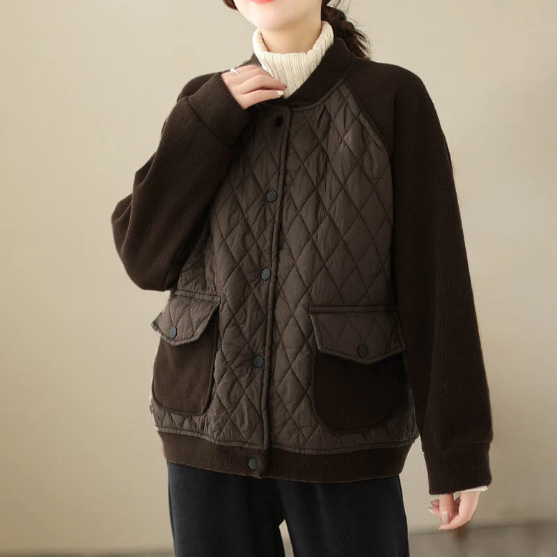 Buddha Stones Diamond Pattern Women's Long Sleeve Thickened Jacket With Pockets