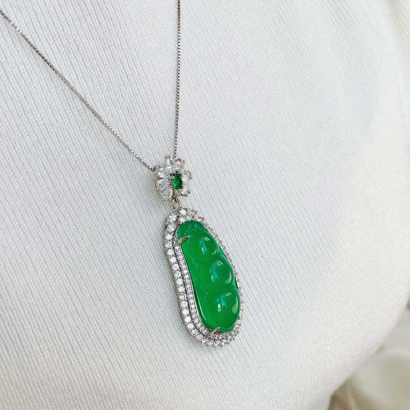 Buddha Stones Fortune Bean Cyan Jade Luck Necklace Pendant