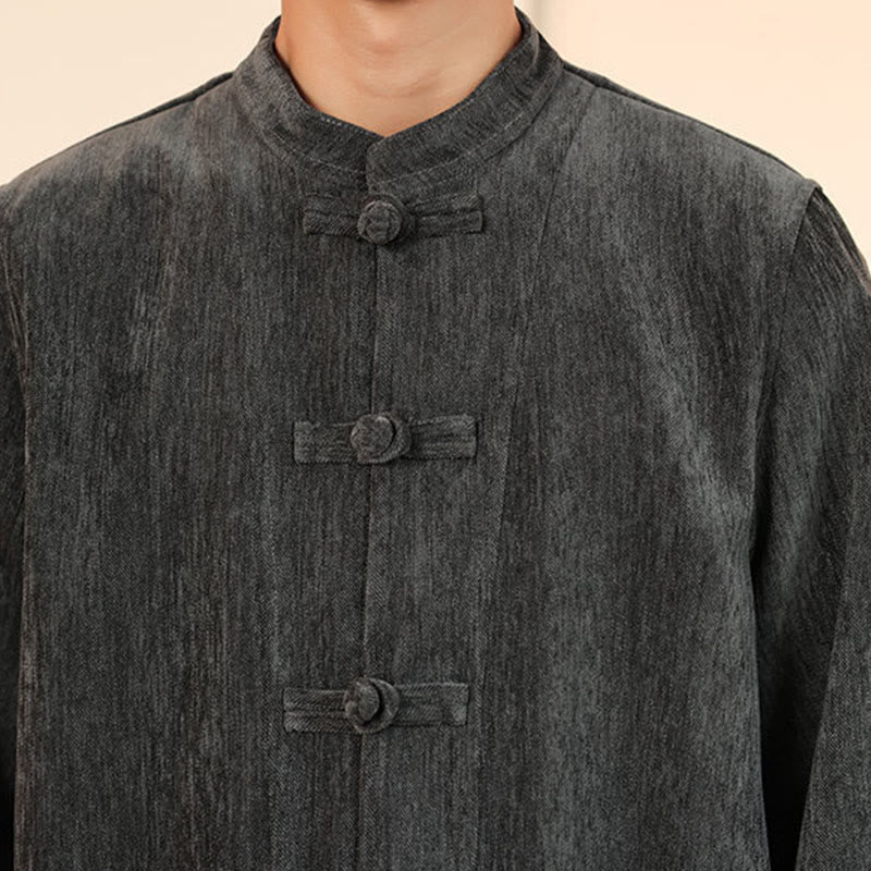 Buddha Stones 2Pcs Winter Thick Men's Tang Suit Frog-Button Cotton Corduroy Long Sleeve Jacket Pants Set With Pockets