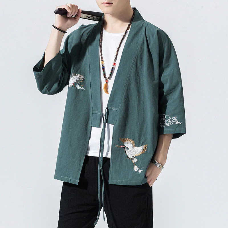 Buddha Stones Embroidery Open Front Jacket Cotton Linen Men's Three Quarter Sleeve Kimono