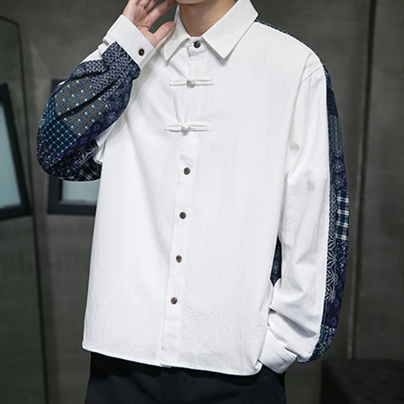 Buddha Stones Men's Flower Pattern Stitching Cotton Blend Long Sleeve Shirt