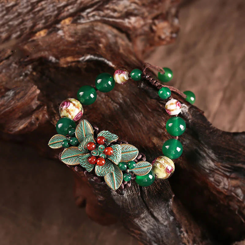 Buddha Stones Green Agate Glass Flower Beads Braided Knot Support Bracelet